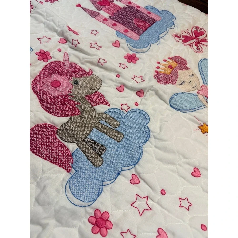 Adorable princess toddler bed quilt. Approx 42X30 in hand made cross-stitched